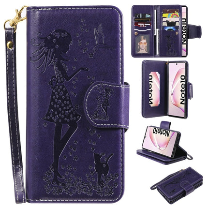 For Galaxy Note 10 Woman and Cat Embossed Horizontal Flip Leather Case, with Wallet & Holder & Card Slots & Photo Frame & Mirror & Lanyard(Purple)-garmade.com