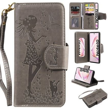 For Galaxy Note 10 Woman and Cat Embossed Horizontal Flip Leather Case, with Wallet & Holder & Card Slots & Photo Frame & Mirror & Lanyard(Grey)-garmade.com