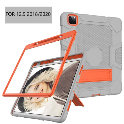 For iPad Pro 12.9 inch (2020) Contrast Color Robot Shockproof Silicone + PC Protective Tablet Case with Holder(Grey Orange)-garmade.com