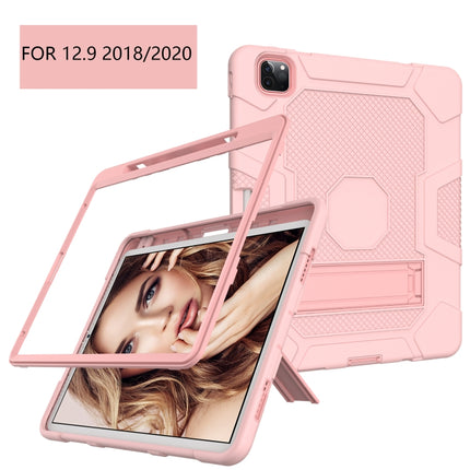 For iPad Pro 12.9 inch (2020) Contrast Color Robot Shockproof Silicone + PC Protective Tablet Case with Holder(Rose Gold)-garmade.com