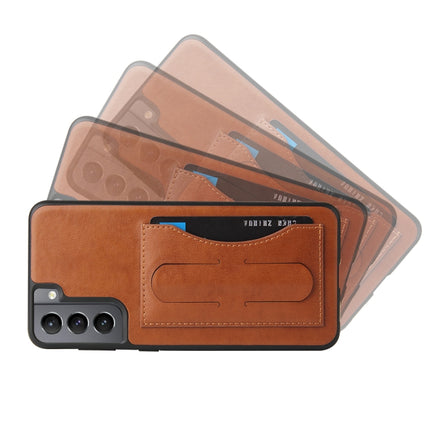For Samsung Galaxy S21 5G Fierre Shann Full Coverage Protective Leather Case with Holder & Card Slot(Brown)-garmade.com