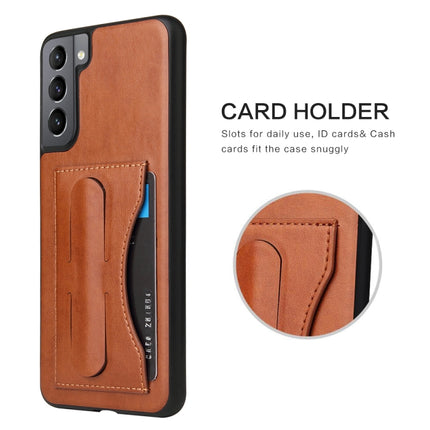 For Samsung Galaxy S21+ 5G Fierre Shann Full Coverage Protective Leather Case with Holder & Card Slot(Brown)-garmade.com