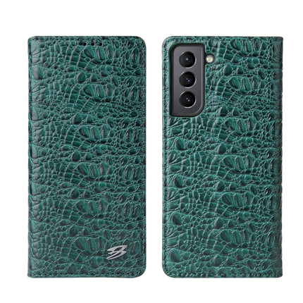 For Samsung Galaxy S21 Ultra 5G Fierre Shann Crocodile Texture Magnetic Horizontal Flip Genuine Leather Case with Holder & Card Slot(Green)-garmade.com