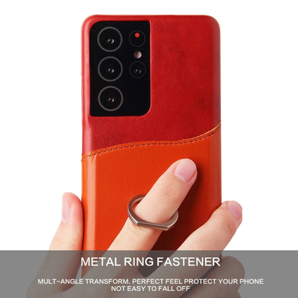 For Samsung Galaxy S21 5G Fierre Shann Oil Wax Texture Genuine Leather Back Cover Case with 360 Degree Rotation Holder & Card Slot(Red)-garmade.com
