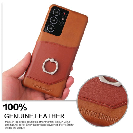For Samsung Galaxy S21 5G Fierre Shann Oil Wax Texture Genuine Leather Back Cover Case with 360 Degree Rotation Holder & Card Slot(Brown)-garmade.com