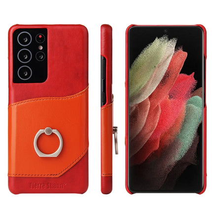 For Samsung Galaxy S21 Ultra 5G Fierre Shann Oil Wax Texture Genuine Leather Back Cover Case with 360 Degree Rotation Holder & Card Slot(Red)-garmade.com