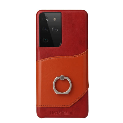 For Samsung Galaxy S21 Ultra 5G Fierre Shann Oil Wax Texture Genuine Leather Back Cover Case with 360 Degree Rotation Holder & Card Slot(Red)-garmade.com