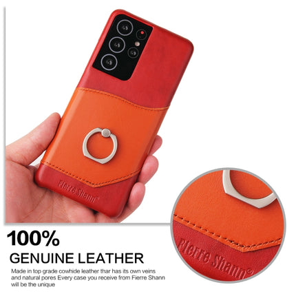 For Samsung Galaxy S21 Ultra 5G Fierre Shann Oil Wax Texture Genuine Leather Back Cover Case with 360 Degree Rotation Holder & Card Slot(Red)-garmade.com