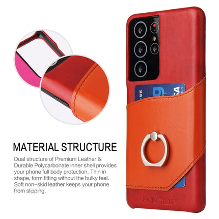 For Samsung Galaxy S21 Ultra 5G Fierre Shann Oil Wax Texture Genuine Leather Back Cover Case with 360 Degree Rotation Holder & Card Slot(Red)-garmade.com