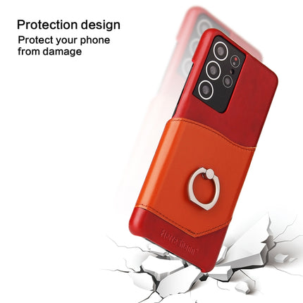 For Samsung Galaxy S21 Ultra 5G Fierre Shann Oil Wax Texture Genuine Leather Back Cover Case with 360 Degree Rotation Holder & Card Slot(Red)-garmade.com