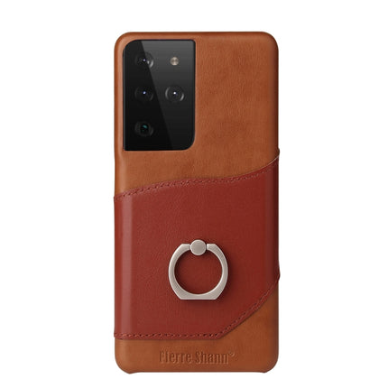 For Samsung Galaxy S21 Ultra 5G Fierre Shann Oil Wax Texture Genuine Leather Back Cover Case with 360 Degree Rotation Holder & Card Slot(Brown)-garmade.com