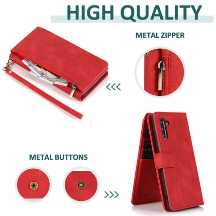 For Samsung Galaxy Note10 Skin-feel Crazy Horse Texture Zipper Wallet Bag Horizontal Flip Leather Case with Holder & Card Slots & Wallet & Lanyard(Red)-garmade.com