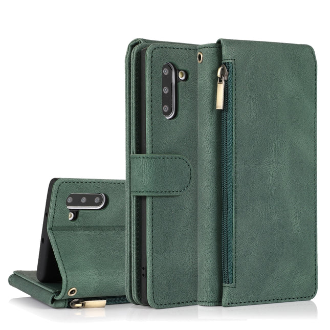 For Samsung Galaxy Note10 Skin-feel Crazy Horse Texture Zipper Wallet Bag Horizontal Flip Leather Case with Holder & Card Slots & Wallet & Lanyard(Dark Green)-garmade.com