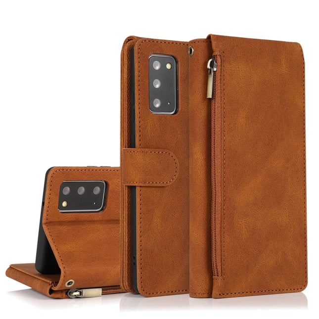 For Samsung Galaxy Note20 Skin-feel Crazy Horse Texture Zipper Wallet Bag Horizontal Flip Leather Case with Holder & Card Slots & Wallet & Lanyard(Brown)-garmade.com