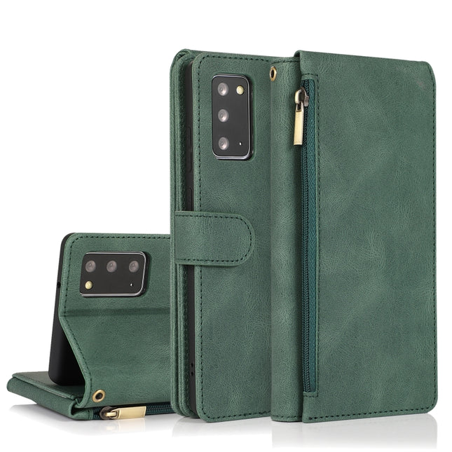 For Samsung Galaxy Note20 Skin-feel Crazy Horse Texture Zipper Wallet Bag Horizontal Flip Leather Case with Holder & Card Slots & Wallet & Lanyard(Dark Green)-garmade.com
