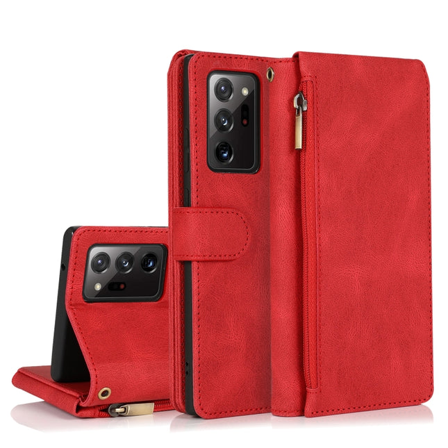 For Samsung Galaxy Note20 Ultra Skin-feel Crazy Horse Texture Zipper Wallet Bag Horizontal Flip Leather Case with Holder & Card Slots & Wallet & Lanyard(Red)-garmade.com
