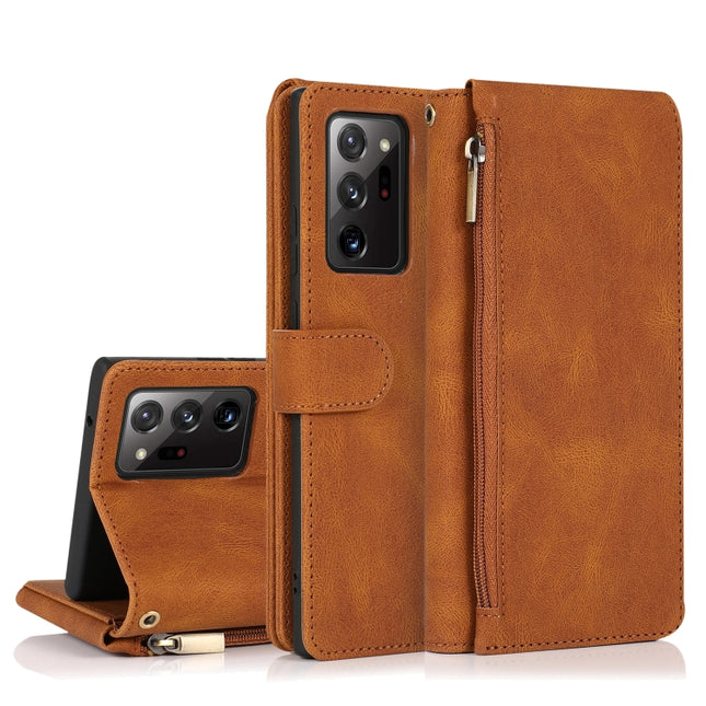 For Samsung Galaxy Note20 Ultra Skin-feel Crazy Horse Texture Zipper Wallet Bag Horizontal Flip Leather Case with Holder & Card Slots & Wallet & Lanyard(Brown)-garmade.com