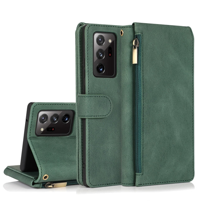 For Samsung Galaxy Note20 Ultra Skin-feel Crazy Horse Texture Zipper Wallet Bag Horizontal Flip Leather Case with Holder & Card Slots & Wallet & Lanyard(Dark Green)-garmade.com