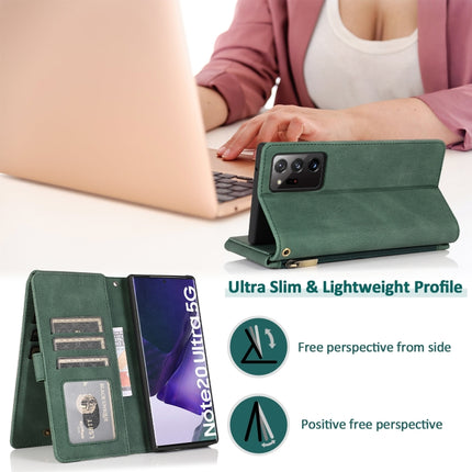 For Samsung Galaxy Note20 Ultra Skin-feel Crazy Horse Texture Zipper Wallet Bag Horizontal Flip Leather Case with Holder & Card Slots & Wallet & Lanyard(Dark Green)-garmade.com