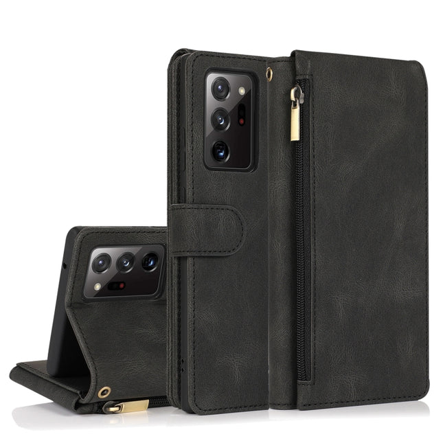 For Samsung Galaxy Note20 Ultra Skin-feel Crazy Horse Texture Zipper Wallet Bag Horizontal Flip Leather Case with Holder & Card Slots & Wallet & Lanyard(Black)-garmade.com