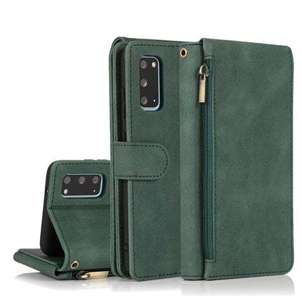 For Samsung Galaxy S20 Skin-feel Crazy Horse Texture Zipper Wallet Bag Horizontal Flip Leather Case with Holder & Card Slots & Wallet & Lanyard(Dark Green)-garmade.com