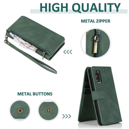 For Samsung Galaxy S20 Skin-feel Crazy Horse Texture Zipper Wallet Bag Horizontal Flip Leather Case with Holder & Card Slots & Wallet & Lanyard(Dark Green)-garmade.com