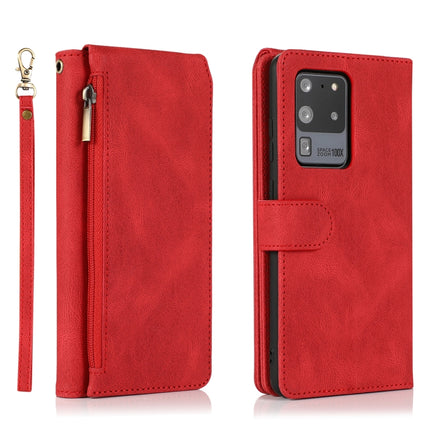 For Samsung Galaxy S20 Ultra Skin-feel Crazy Horse Texture Zipper Wallet Bag Horizontal Flip Leather Case with Holder & Card Slots & Wallet & Lanyard(Red)-garmade.com