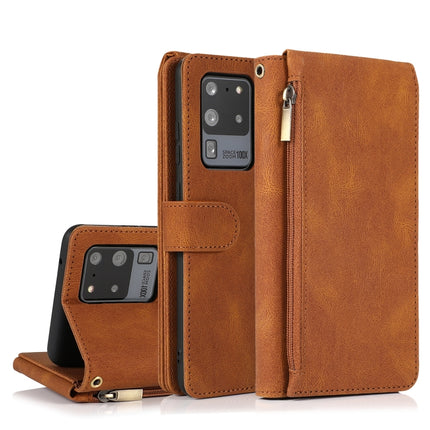 For Samsung Galaxy S20 Ultra Skin-feel Crazy Horse Texture Zipper Wallet Bag Horizontal Flip Leather Case with Holder & Card Slots & Wallet & Lanyard(Brown)-garmade.com