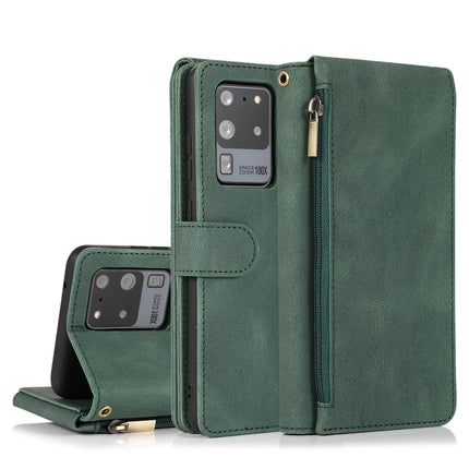 For Samsung Galaxy S20 Ultra Skin-feel Crazy Horse Texture Zipper Wallet Bag Horizontal Flip Leather Case with Holder & Card Slots & Wallet & Lanyard(Dark Green)-garmade.com