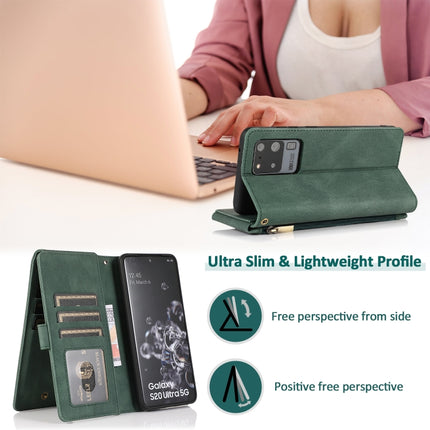 For Samsung Galaxy S20 Ultra Skin-feel Crazy Horse Texture Zipper Wallet Bag Horizontal Flip Leather Case with Holder & Card Slots & Wallet & Lanyard(Dark Green)-garmade.com