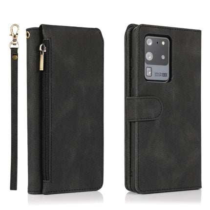 For Samsung Galaxy S20 Ultra Skin-feel Crazy Horse Texture Zipper Wallet Bag Horizontal Flip Leather Case with Holder & Card Slots & Wallet & Lanyard(Black)-garmade.com