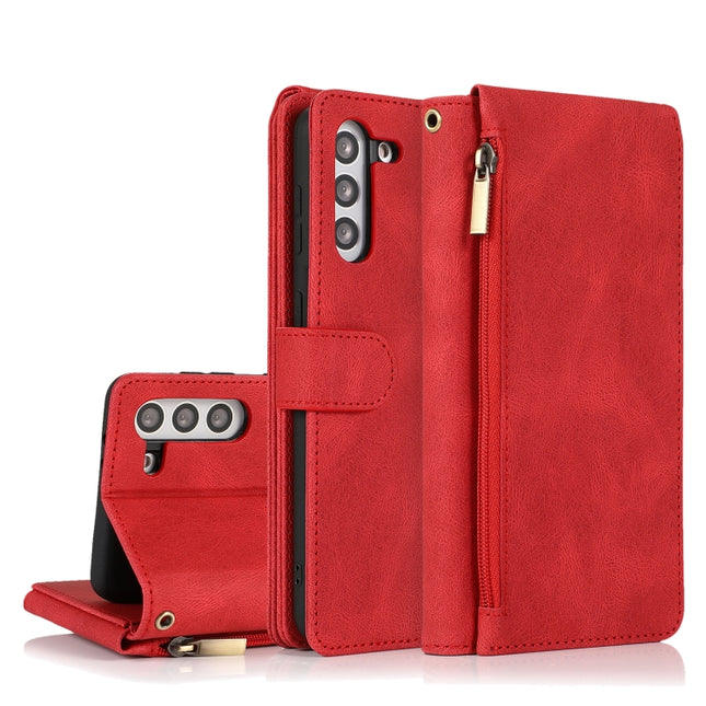 For Samsung Galaxy S21+ 5G Skin-feel Crazy Horse Texture Zipper Wallet Bag Horizontal Flip Leather Case with Holder & Card Slots & Wallet & Lanyard(Red)-garmade.com