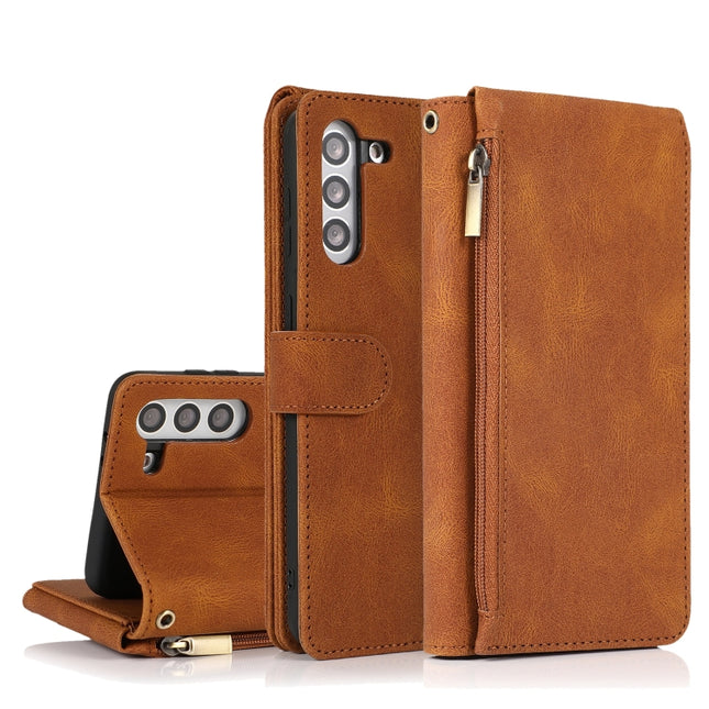 For Samsung Galaxy S21+ 5G Skin-feel Crazy Horse Texture Zipper Wallet Bag Horizontal Flip Leather Case with Holder & Card Slots & Wallet & Lanyard(Brown)-garmade.com