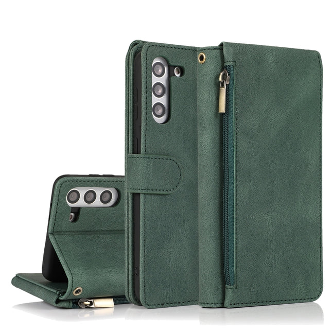 For Samsung Galaxy S21+ 5G Skin-feel Crazy Horse Texture Zipper Wallet Bag Horizontal Flip Leather Case with Holder & Card Slots & Wallet & Lanyard(Dark Green)-garmade.com