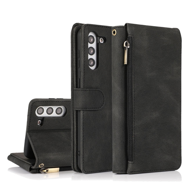 For Samsung Galaxy S21+ 5G Skin-feel Crazy Horse Texture Zipper Wallet Bag Horizontal Flip Leather Case with Holder & Card Slots & Wallet & Lanyard(Black)-garmade.com