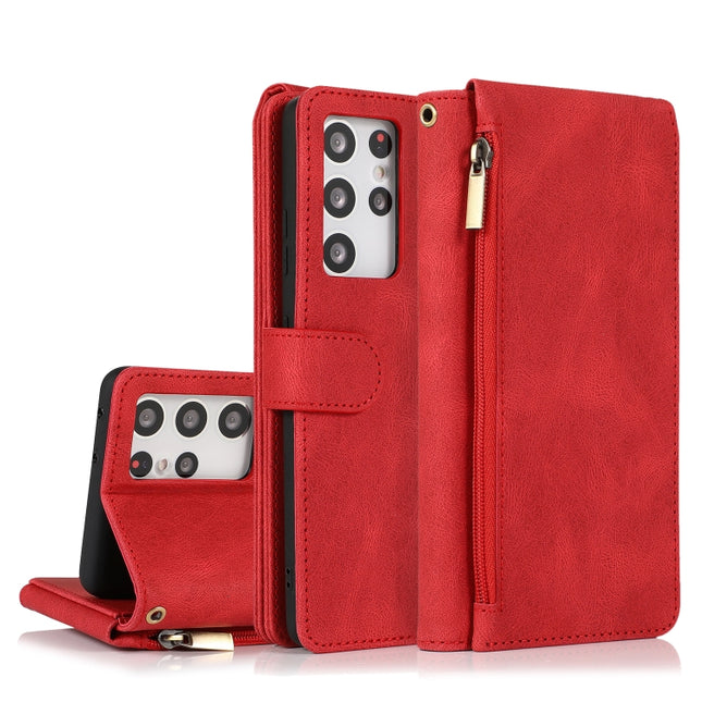 For Samsung Galaxy S21 Ultra 5G Skin-feel Crazy Horse Texture Zipper Wallet Bag Horizontal Flip Leather Case with Holder & Card Slots & Wallet & Lanyard(Red)-garmade.com