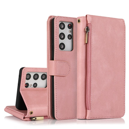 For Samsung Galaxy S21 Ultra 5G Skin-feel Crazy Horse Texture Zipper Wallet Bag Horizontal Flip Leather Case with Holder & Card Slots & Wallet & Lanyard(Rose Gold)-garmade.com