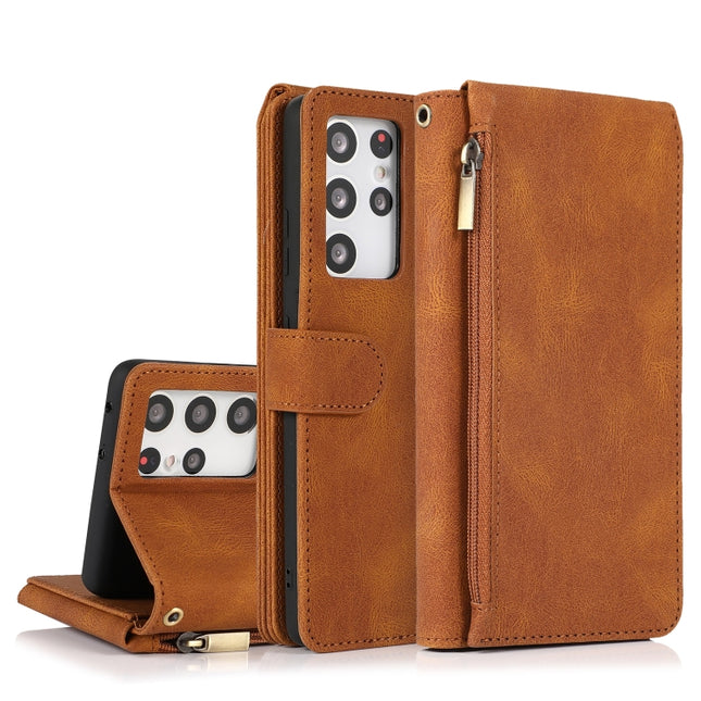 For Samsung Galaxy S21 Ultra 5G Skin-feel Crazy Horse Texture Zipper Wallet Bag Horizontal Flip Leather Case with Holder & Card Slots & Wallet & Lanyard(Brown)-garmade.com