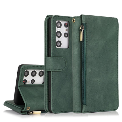 For Samsung Galaxy S21 Ultra 5G Skin-feel Crazy Horse Texture Zipper Wallet Bag Horizontal Flip Leather Case with Holder & Card Slots & Wallet & Lanyard(Dark Green)-garmade.com