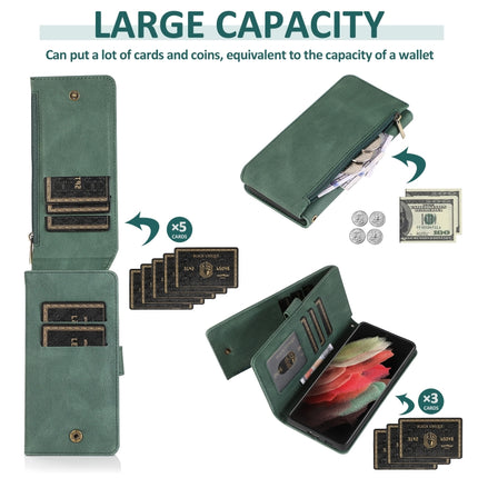 For Samsung Galaxy S21 Ultra 5G Skin-feel Crazy Horse Texture Zipper Wallet Bag Horizontal Flip Leather Case with Holder & Card Slots & Wallet & Lanyard(Dark Green)-garmade.com