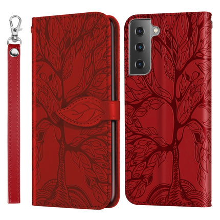 For Samsung Galaxy S21 5G Life of Tree Embossing Pattern Horizontal Flip Leather Case with Holder & Card Slot & Wallet & Photo Frame & Lanyard(Red)-garmade.com