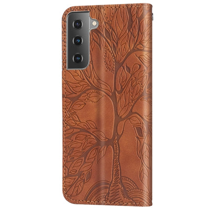 For Samsung Galaxy S21 5G Life of Tree Embossing Pattern Horizontal Flip Leather Case with Holder & Card Slot & Wallet & Photo Frame & Lanyard(Brown)-garmade.com