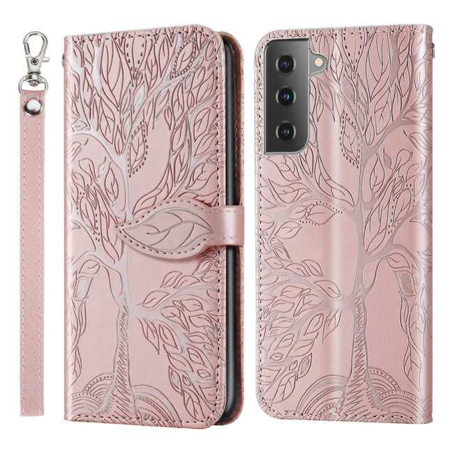For Samsung Galaxy S21+ 5G Life of Tree Embossing Pattern Horizontal Flip Leather Case with Holder & Card Slot & Wallet & Photo Frame & Lanyard(Rose Gold)-garmade.com