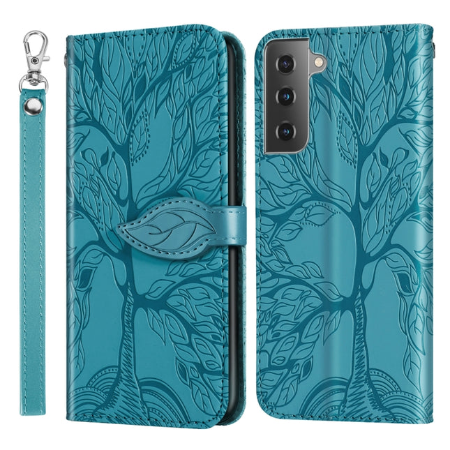 For Samsung Galaxy S21+ 5G Life of Tree Embossing Pattern Horizontal Flip Leather Case with Holder & Card Slot & Wallet & Photo Frame & Lanyard(Lake Blue)-garmade.com