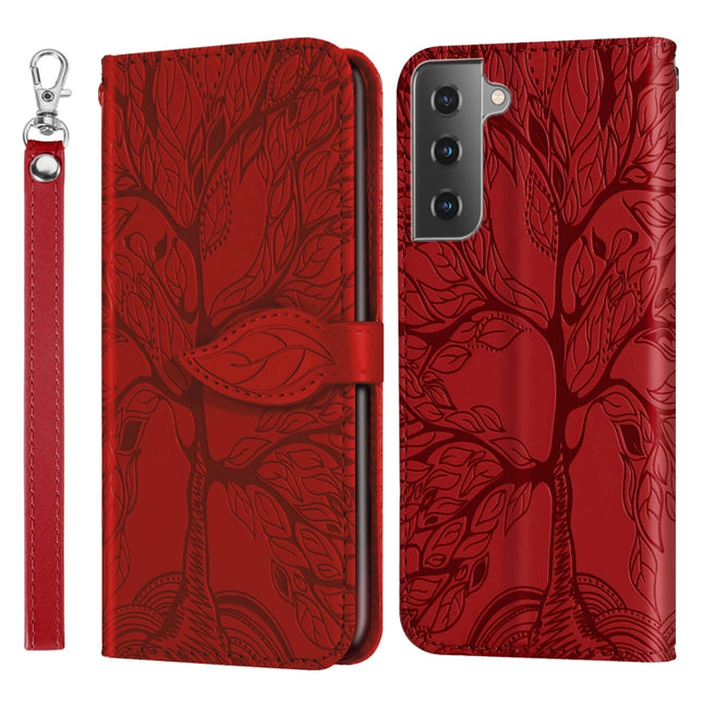 For Samsung Galaxy S21+ 5G Life of Tree Embossing Pattern Horizontal Flip Leather Case with Holder & Card Slot & Wallet & Photo Frame & Lanyard(Red)-garmade.com
