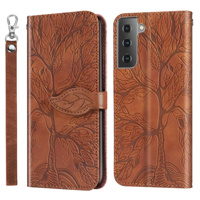 For Samsung Galaxy S21+ 5G Life of Tree Embossing Pattern Horizontal Flip Leather Case with Holder & Card Slot & Wallet & Photo Frame & Lanyard(Brown)-garmade.com