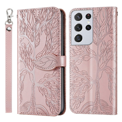 For Samsung Galaxy S21 Ultra 5G Life of Tree Embossing Pattern Horizontal Flip Leather Case with Holder & Card Slot & Wallet & Photo Frame & Lanyard(Rose Gold)-garmade.com