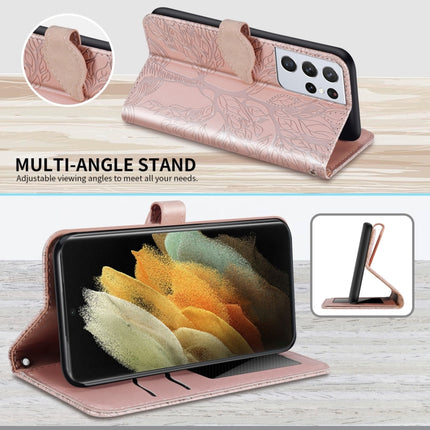 For Samsung Galaxy S21 Ultra 5G Life of Tree Embossing Pattern Horizontal Flip Leather Case with Holder & Card Slot & Wallet & Photo Frame & Lanyard(Rose Gold)-garmade.com