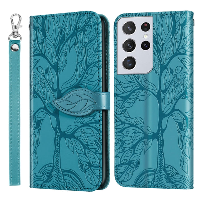 For Samsung Galaxy S21 Ultra 5G Life of Tree Embossing Pattern Horizontal Flip Leather Case with Holder & Card Slot & Wallet & Photo Frame & Lanyard(Lake Blue)-garmade.com