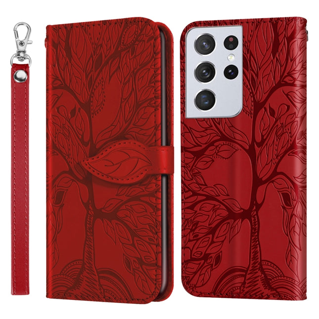 For Samsung Galaxy S21 Ultra 5G Life of Tree Embossing Pattern Horizontal Flip Leather Case with Holder & Card Slot & Wallet & Photo Frame & Lanyard(Red)-garmade.com